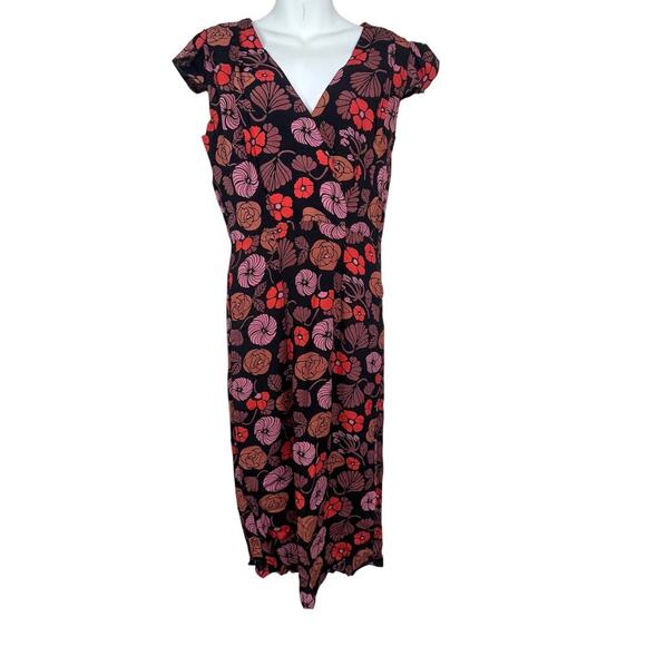 Corey Lynn Calter Floral Midi‎ Black Pink Dress Size 6 Short Flutter Sleeves - Picture 1 of 7